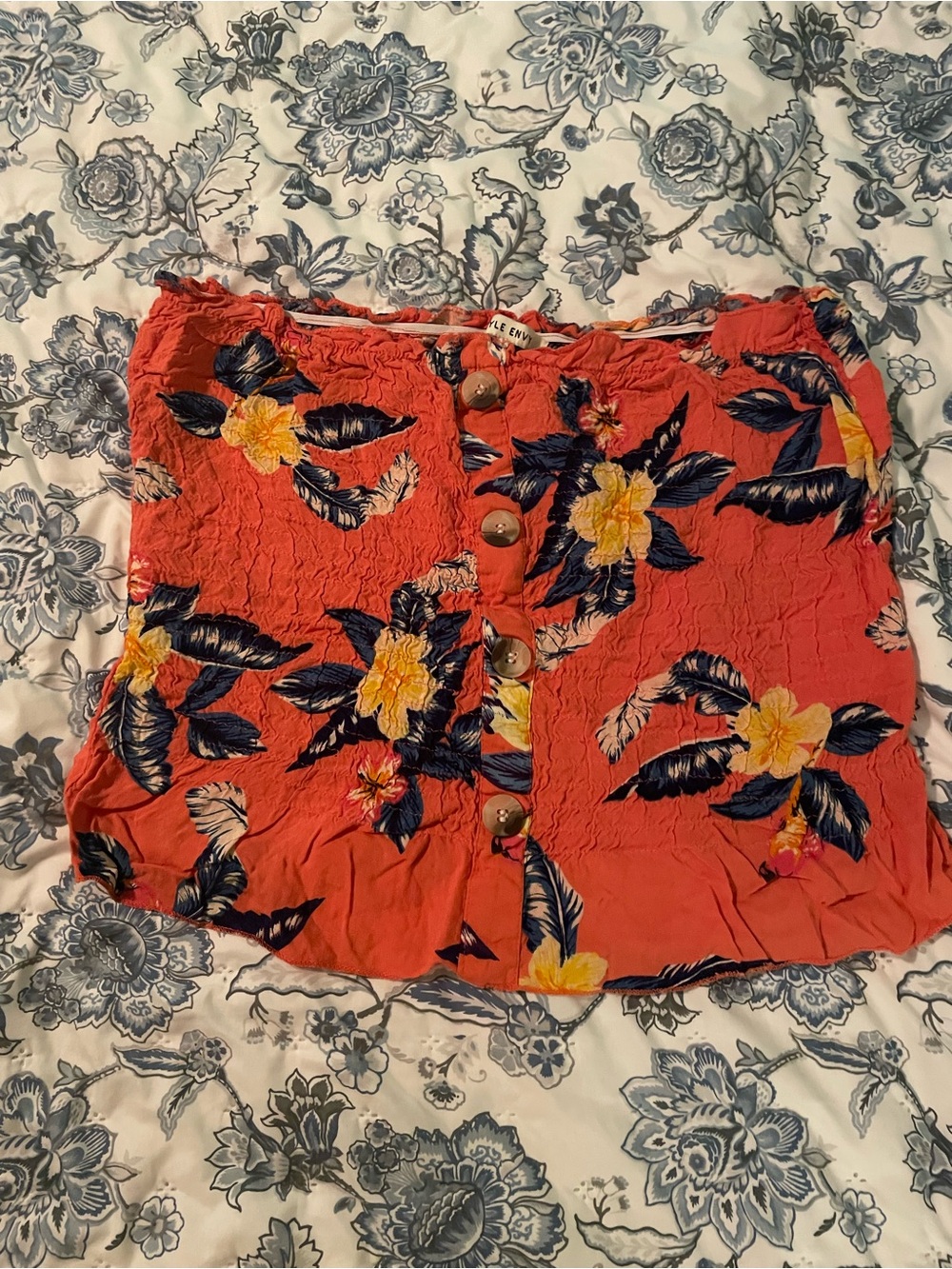 Size Envy Bright Floral Button-Front Tube Top - Coral with Yellow & Navy